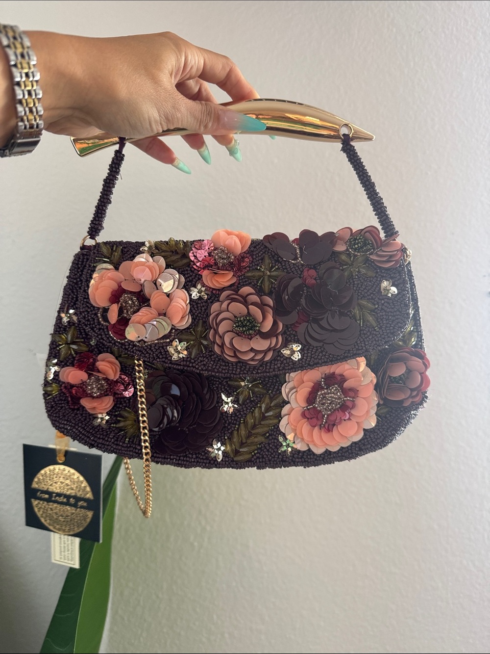 Viral Made in India Embellished Floral Beaded Bag with gold top handle